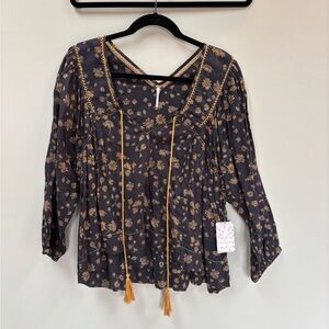 Free People Black Floral Tassel Peasant Blouse